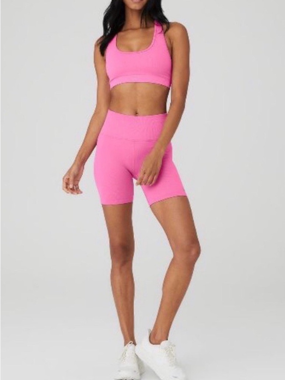 $85 ALO Yoga Like New Ribbed Seamless Bright Pink Sports Bra Size XS Racerback 🩷